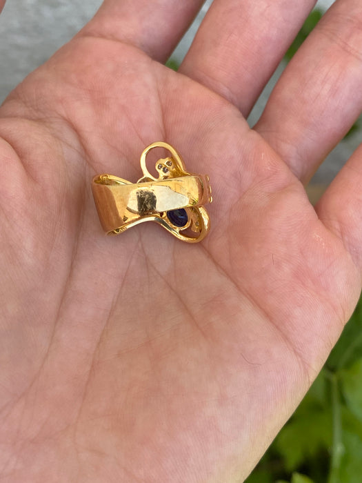 Vintage 18K Gold Wavy Blue Sapphire & Diamond Ring Size 6