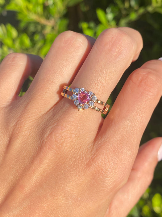 Vintage 18K Rose Gold Pink Sapphire Heart Ring with Diamond Halo – Size 7