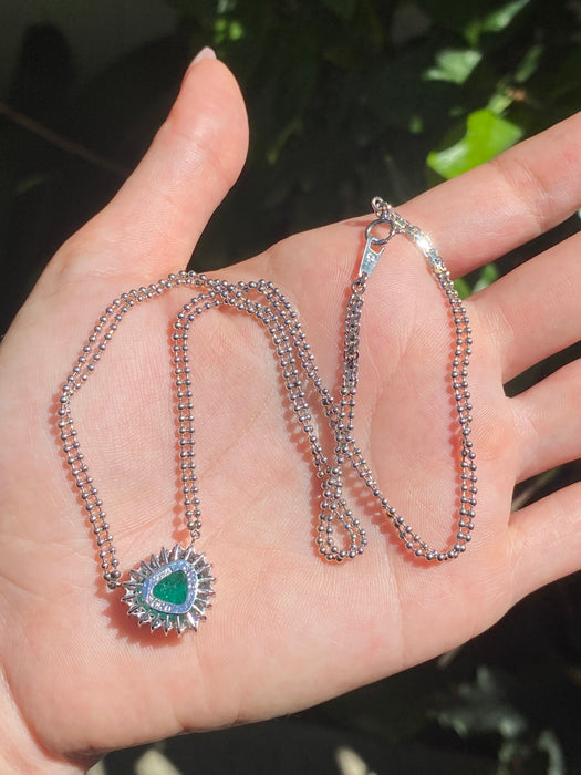 Platinum 850 bezel set 3.5 carat emerald heart and diamond bead necklace