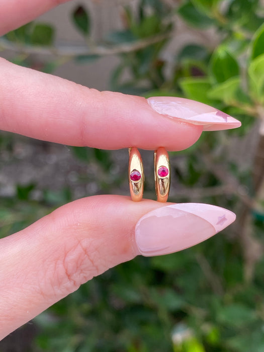 14K Gold Flush Set Ruby Huggie Earrings