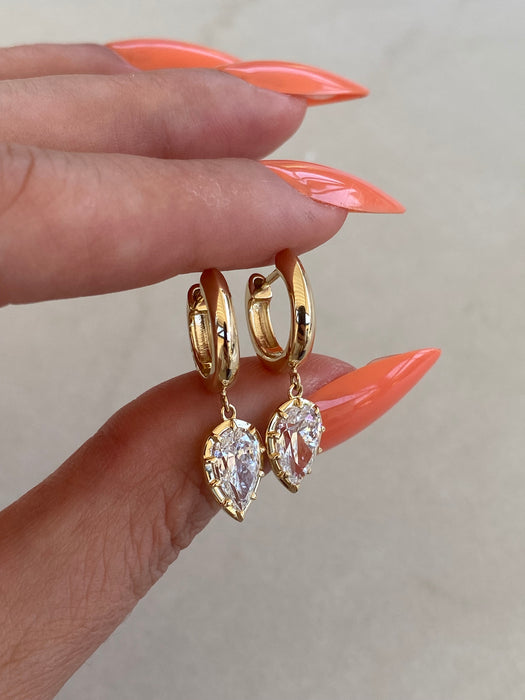 14K Gold Lab Diamond Huggie Earrings with Pear Drop Charms