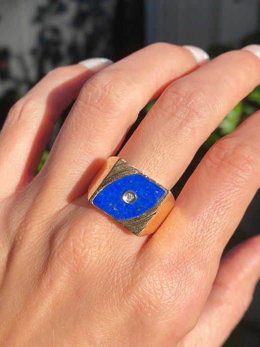 Vintage 14K Gold Lapis Lazuli Signet Ring with Diamond Center – Size 9.75
