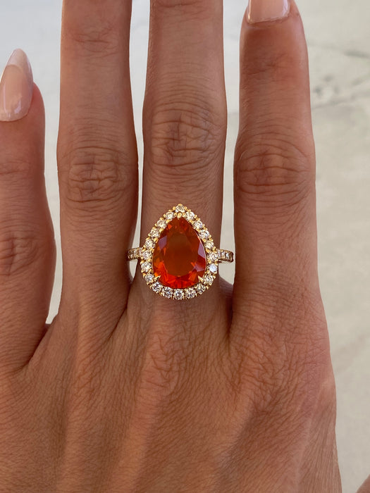 Vintage 18K Yellow Gold Fire Opal & Diamond Halo Ring