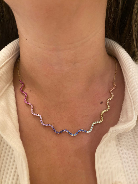 14K Gold Wavy Rainbow Sapphire Necklace