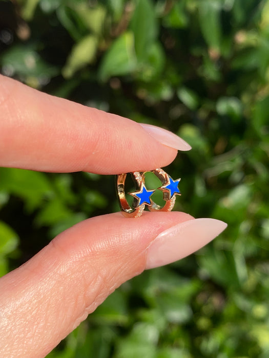 14k blue enamel diamond star Huggie earrings