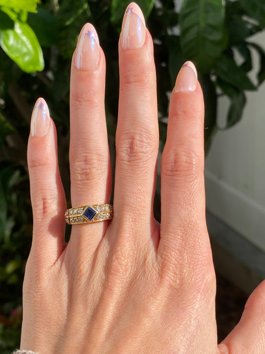 Vintage 18K Gold Princess Cut Blue Sapphire & Diamond Ring – Size 5.5