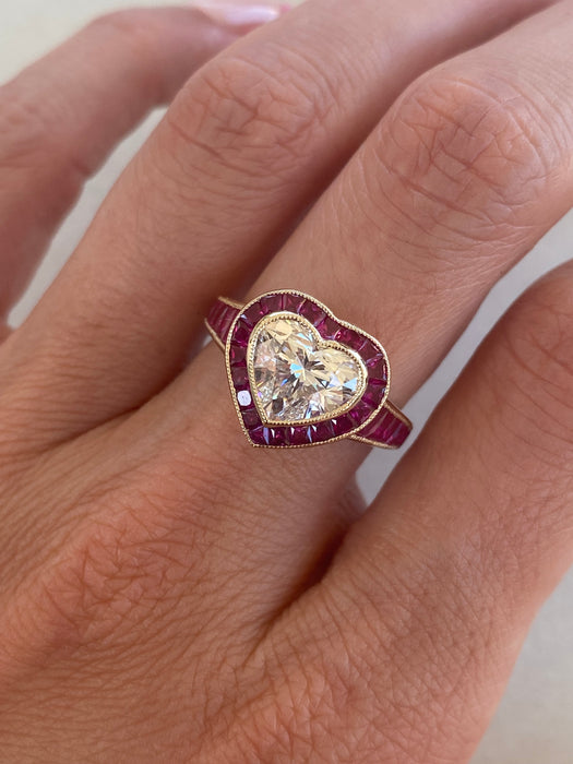 14K Lab Diamond Heart Ring with Natural Ruby Halo