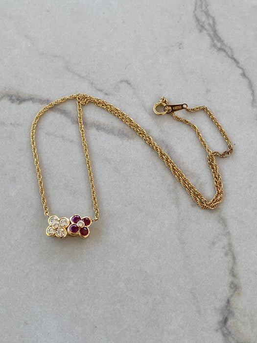 Vintage 18K Ruby & Diamond Flower Rope Chain Necklace