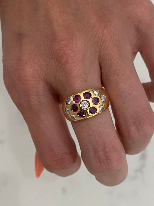 Vintage 18K Ruby and Diamond Flower Ring – Flush Set – 0.80 TCW Rubies – Size 6