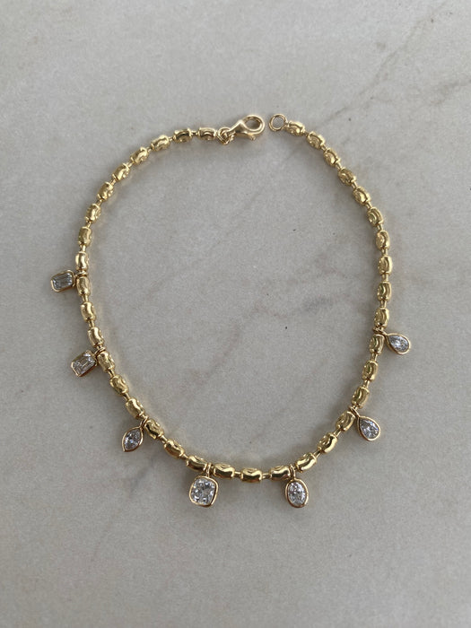 14K Gold Diamond-Cut Bead Bracelet with Lab Diamond Charm Drops