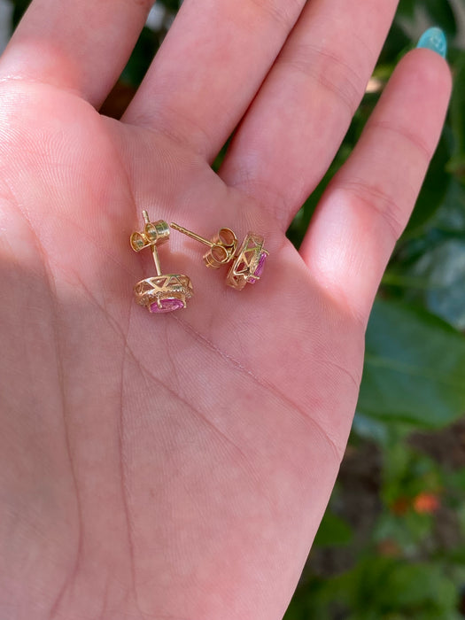 14k pink sapphire diamond halo stud earrings