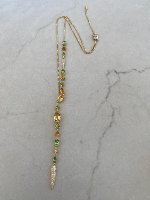 Vintage 18K Gold Peridot & Citrine Lariat Necklace with Diamond Accents