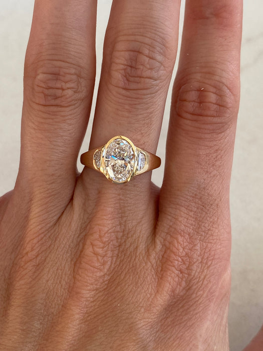 14K Gold 2.44 TCW Carat Oval Lab Diamond Ring with Flush Half-Moon Accents