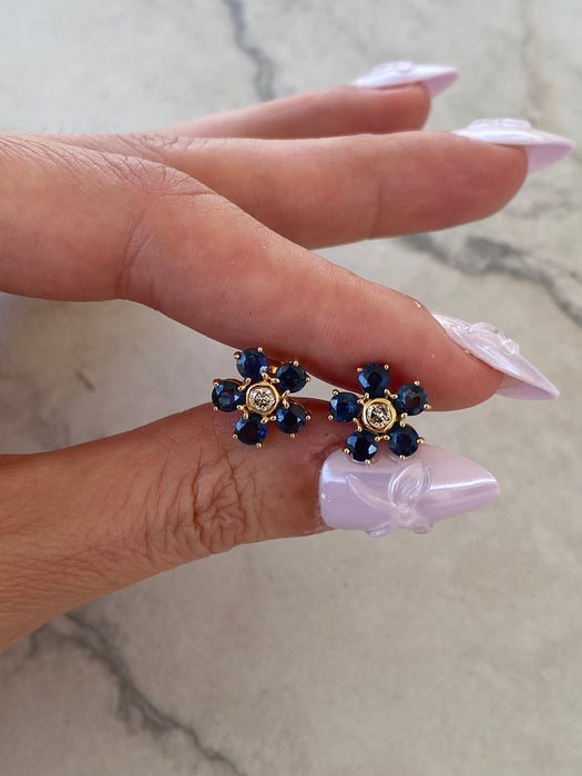 14K Gold Blue Sapphire & Diamond Flower Stud Earrings