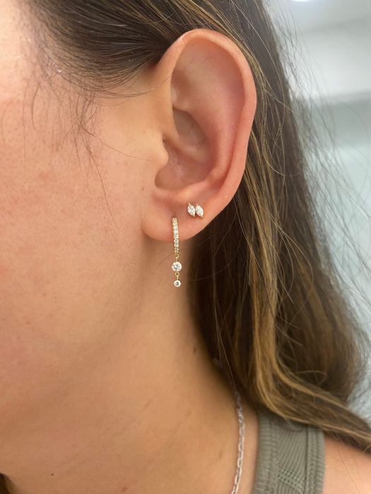 14K Gold Lab Diamond Huggie Earrings with Double Diamond Drops