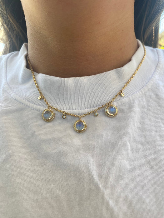 14K Gold Natural Moonstone & Diamond Biker Chain Necklace