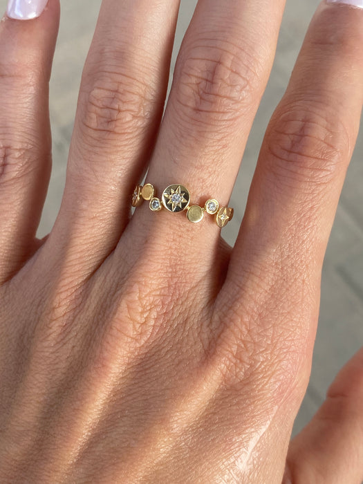 14K Gold Natural Diamond Disc Star Ring