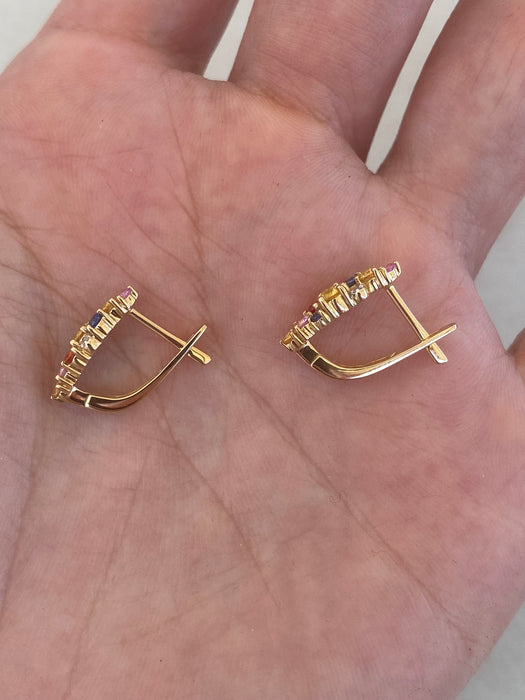 14K Gold Natural Rainbow Sapphire & Diamond Huggie Earrings