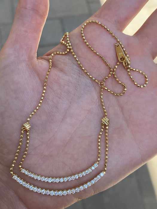 Vintage 18K Gold Bead Chain Necklace with Double Curved Diamond Bar – 1.23 TCW Diamonds, Adjustable 14–15.5”