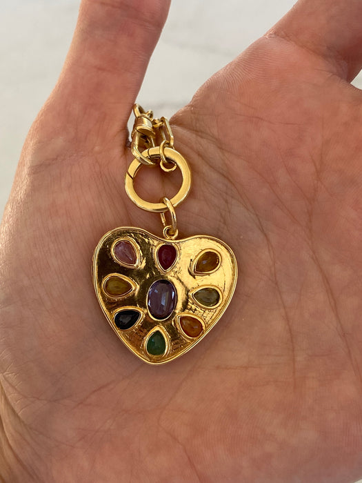 14K Gold Fluted Rainbow Gemstone Heart Charm -  5.31 TCW