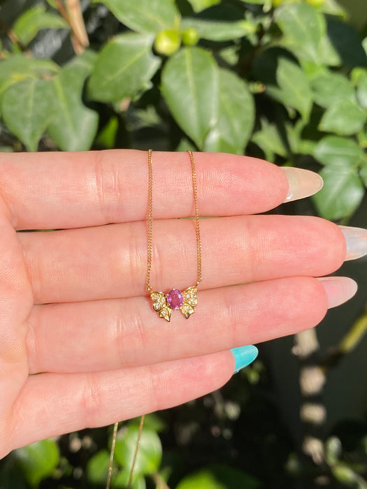 18k curb with pink spinel and diamond bow necklace