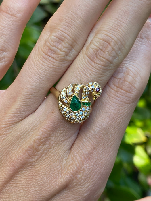 18k diamond emerald ruby swan ring size 5.75
