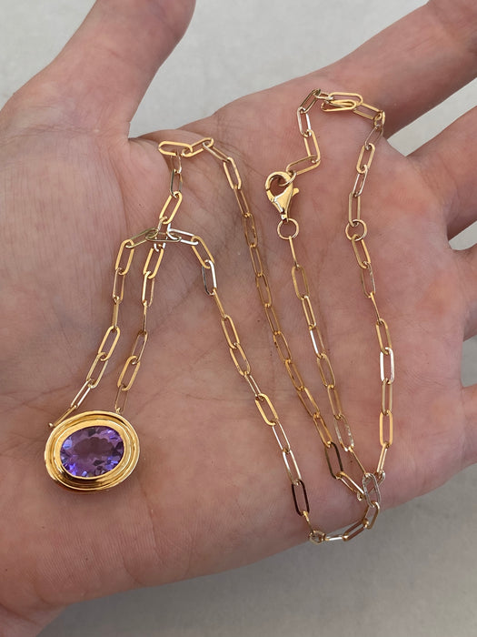 14K Gold East-West Amethyst Paperclip Necklace