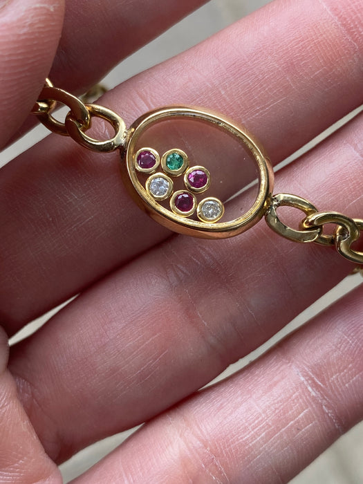 18K Vintage Emerald & Diamond Floating Charm Bracelet