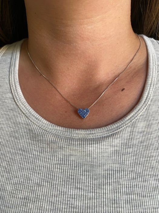 Vintage 18K White Gold Invisible-Set Blue Sapphire Heart Slider Necklace