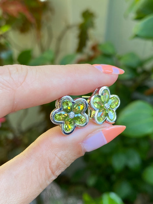 14k white gold diamond peridot flower omega back earrings