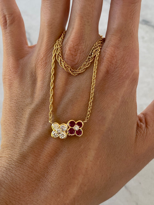 Vintage 18K Ruby & Diamond Flower Rope Chain Necklace