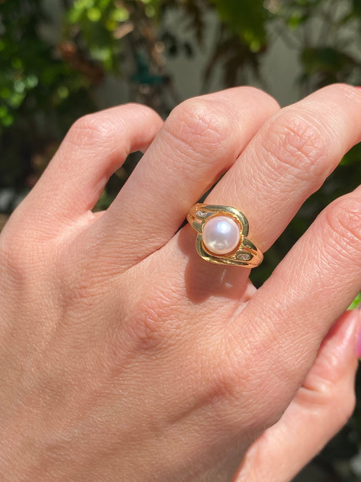 Vintage 14K Gold Pearl and Diamond Ring – Size 5