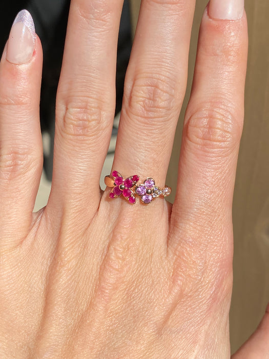 14k rose gold ruby pink sapphire diamond flower ring