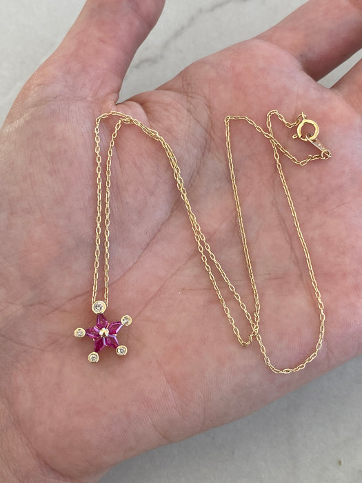 18K Gold Kite Cut Ruby Diamond Star Pendant Necklace – 16”