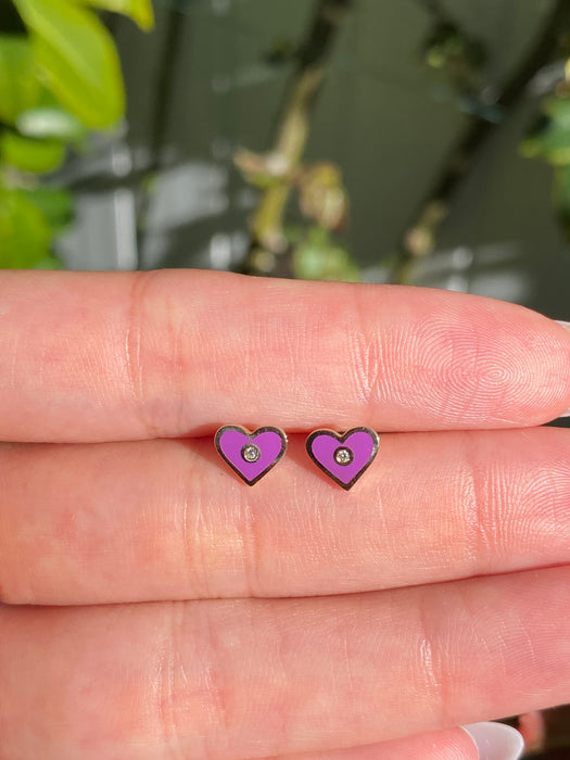 14K Gold Purple Enamel Diamond Heart Stud Earrings