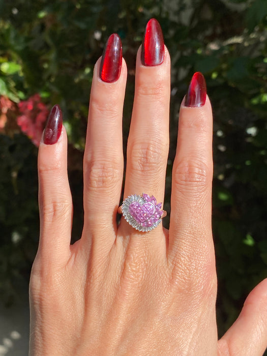 18k white gold invisible set pink sapphire heart diamond ring size 6