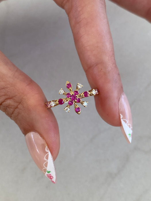 14K Gold Ruby Star Snowflake Ring with Pink Sapphire & Diamond Accents