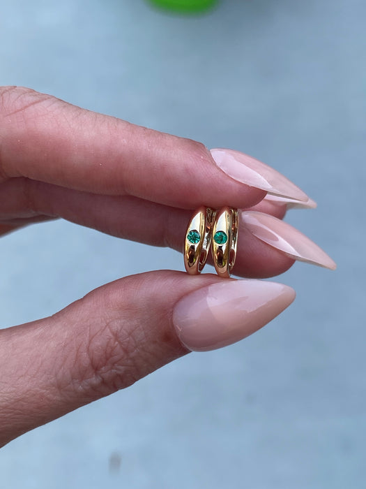 14K Gold Flush Set Emerald Huggie Earrings