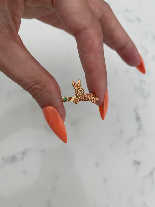 Vintage 18K Gold Orange Sapphire Rabbit Ring with Black Diamond Eye & Emerald Accent