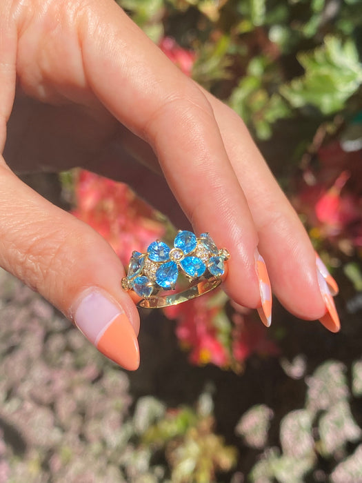 18k blue topaz diamond flower ring size 6
