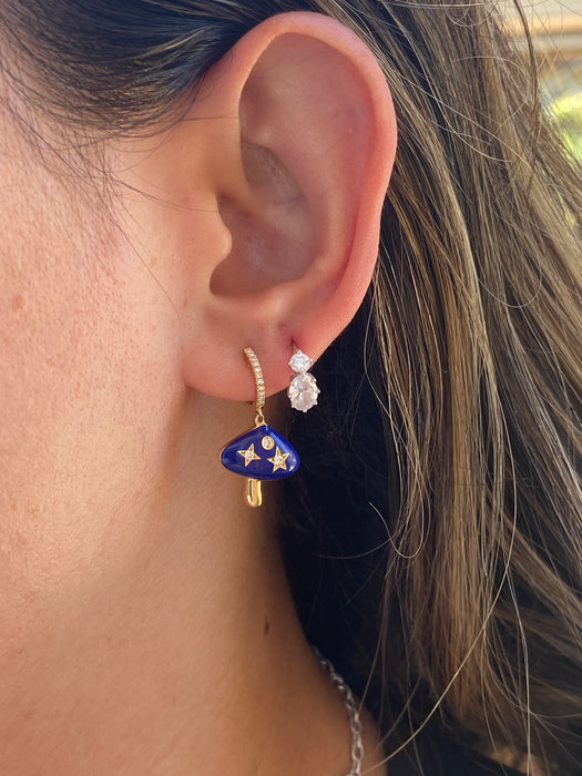 14K Gold Diamond Huggie Earrings with Blue Enamel Mushroom Charms