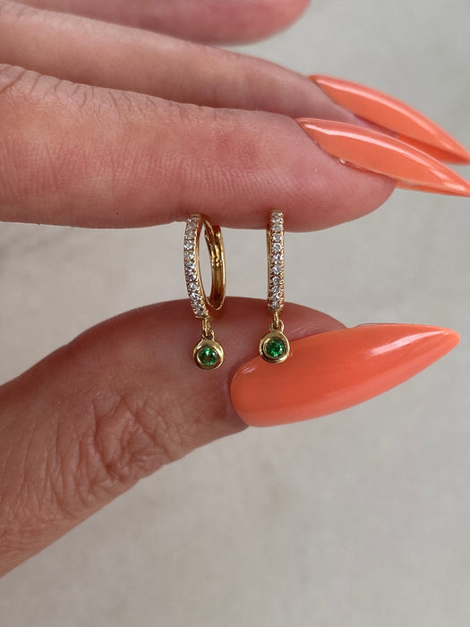 14K Gold Diamond & Green Garnet Dangle Huggie Earrings