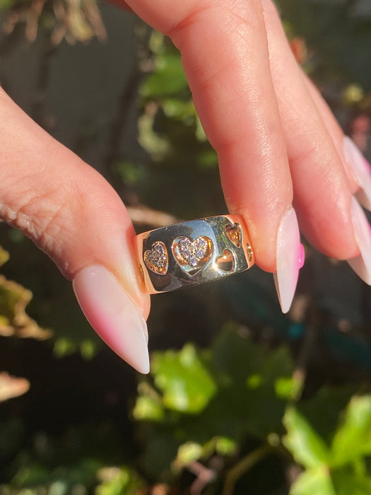 14K Gold Cigar Band Heart Cut Out Diamond Ring