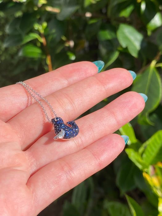 14k white gold blue sapphire diamond seal necklace on a chain 18”