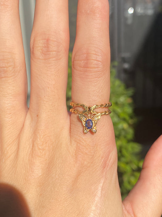 18k dangly blue sapphire diamond butterfly ring size 5.75