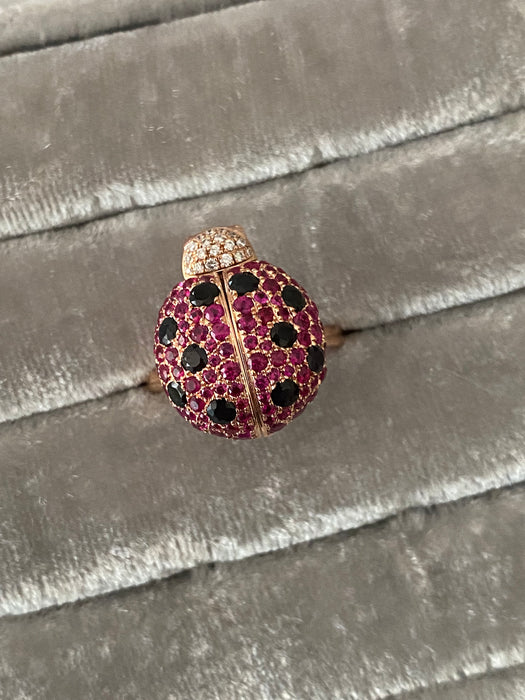 18K Rose Gold Ladybug Garnet, Ruby & Diamond Ring