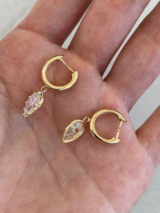 14K Gold Lab Diamond Huggie Earrings with Pear Drop Charms