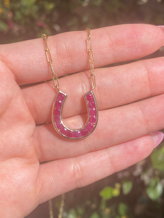 14k Gold Paperclip Necklace with Natural Ruby Horseshoe Charm – 2.08 TCW