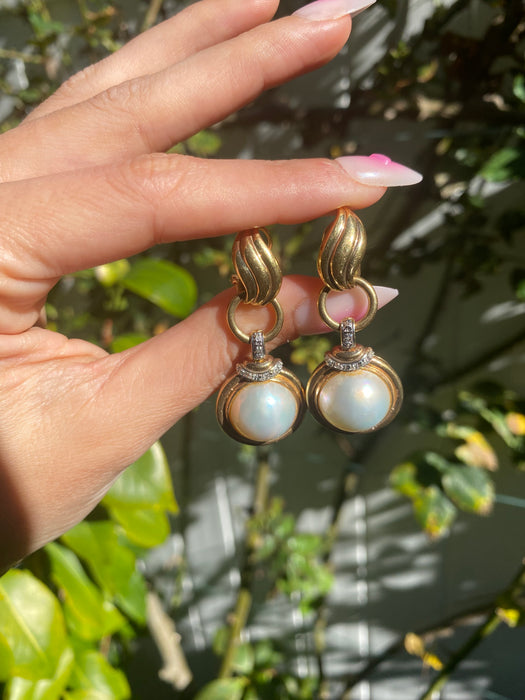 Vintage 14K Diamond & Mabe Pearl Omega Back Earrings