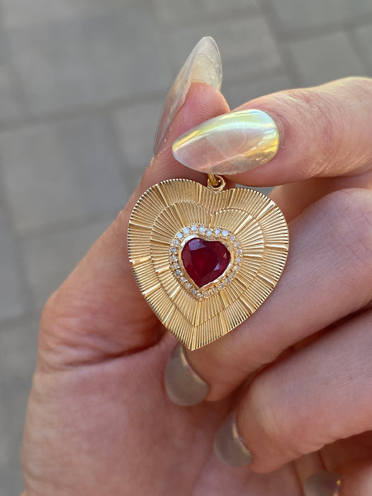 14K Natural Ruby & Diamond Fluted Heart Charm